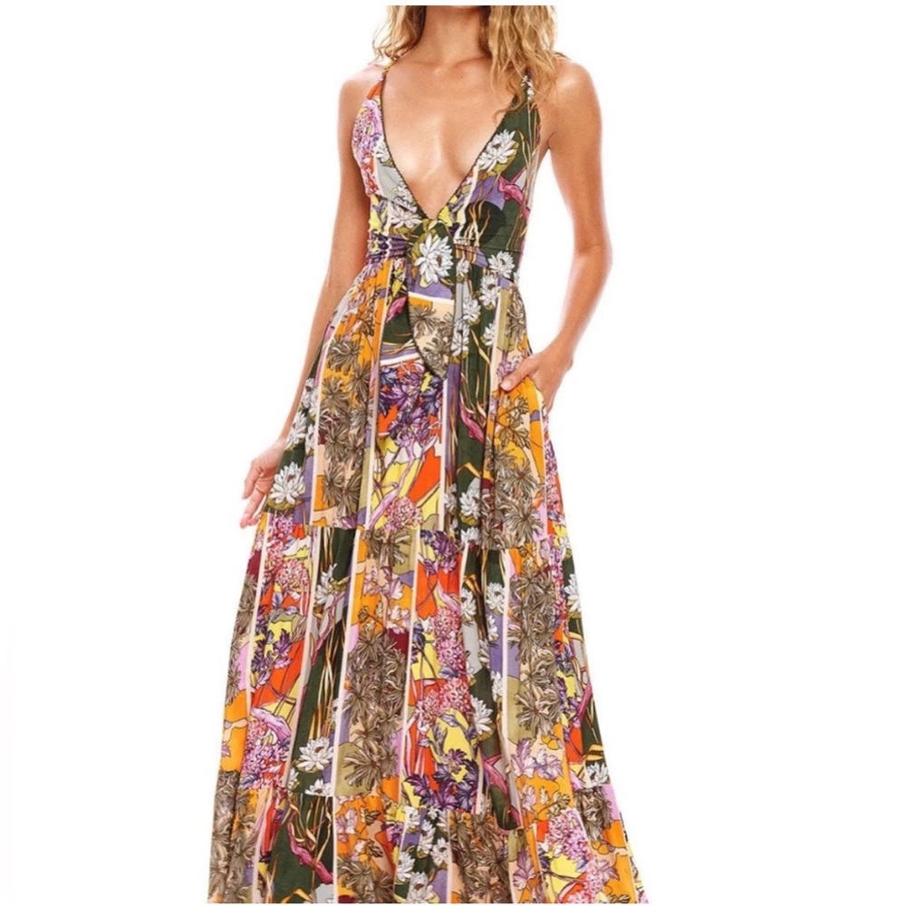 Agua Bendita Multicolor Floral Maxi Dress - Orange, Green, Purple